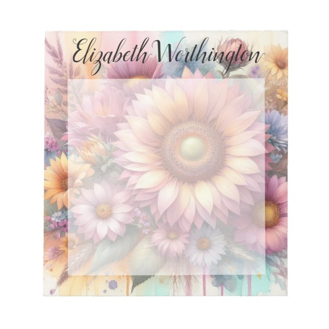 Bloc-note Floral watercolor monogram pink yellow sunflower  (Devant)