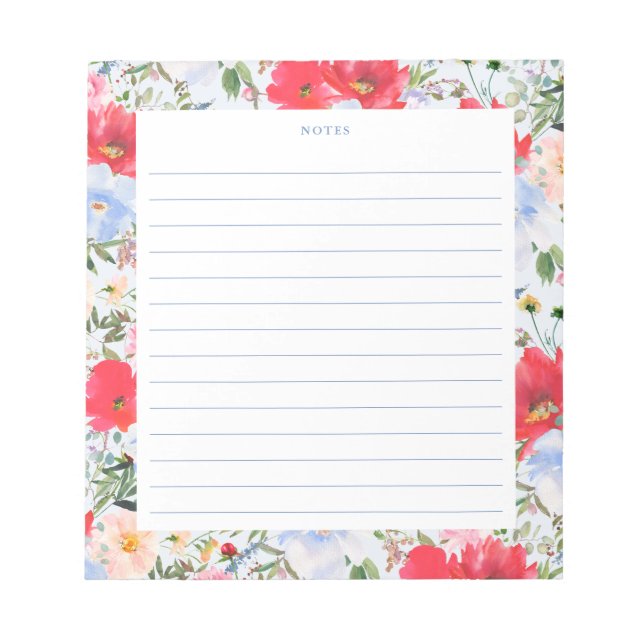 Bloc-note Flores d'aquarelle bleu et rouge (Devant)