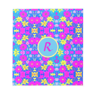 Bloc-note Fond à motif de fleurs rose bleu jaune ajouter nom