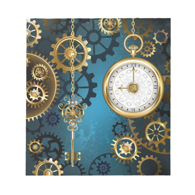 Bloc-note Fond turquoise Steampunk avec engrenages (Devant)
