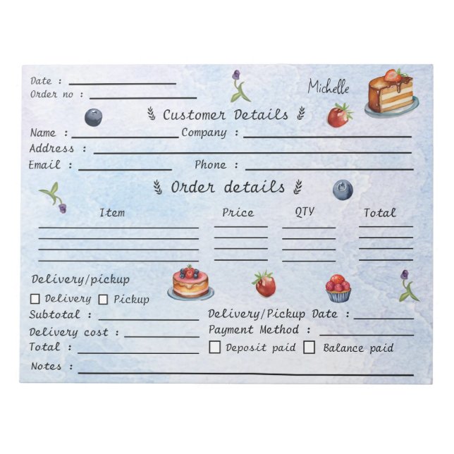 Bloc-note Formulaire de commande de gâteaux en pâtisserie Aj (Devant)