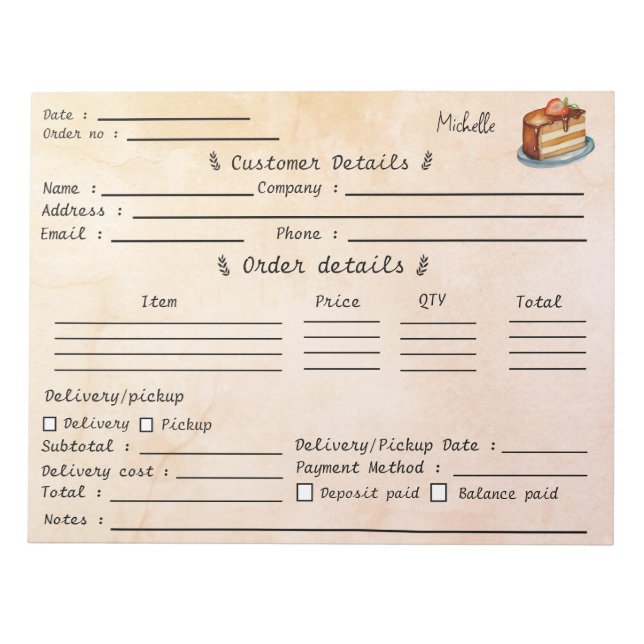 Bloc-note Formulaire de commande de pâtisserie Cupcake Baker (Devant)