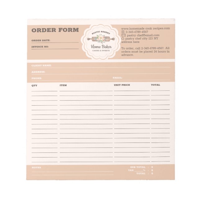 Bloc-note Formulaire de commande de pâtisserie de boulangeri (Devant)