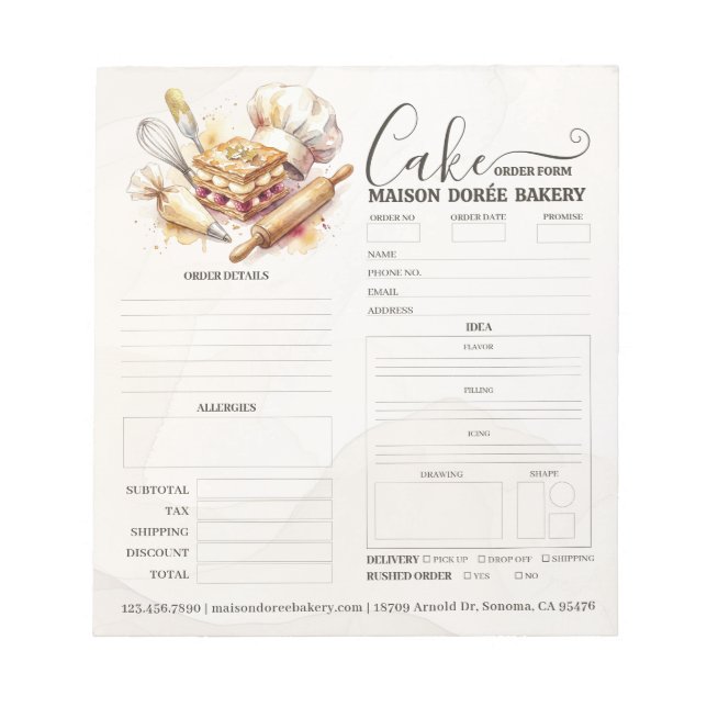 Bloc-note Formulaire de commande de pâtissier de boulangerie (Devant)