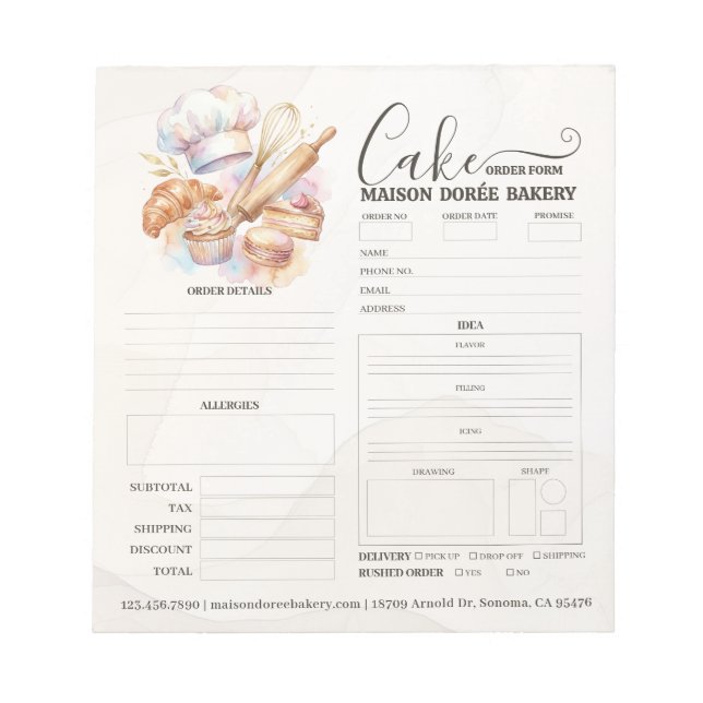Bloc-note Formulaire de commande de pâtissier de boulangerie (Devant)