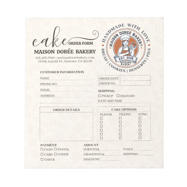 Bloc-note Formulaire de commande de pâtissier de boulangerie (Devant)