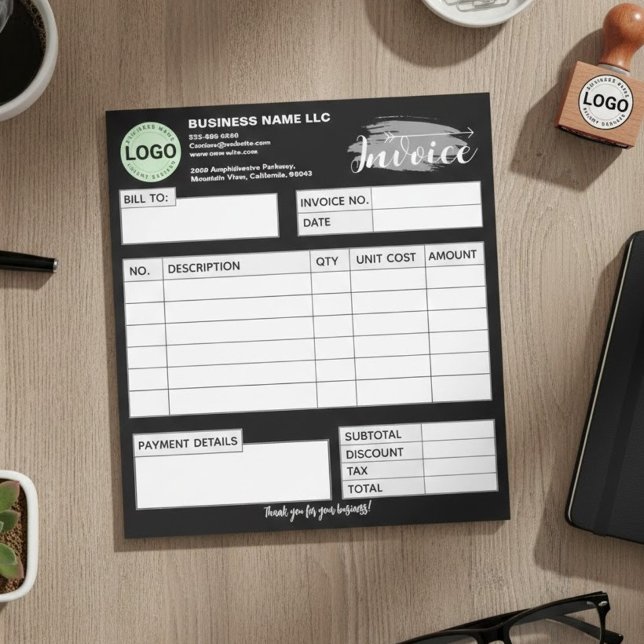 Bloc-note Formulaire de facture personnalisé avec logo noir  (Small Business Receipts | Receipts for Small Businesses | Order Form)