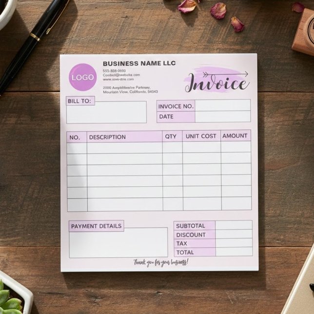 Bloc-note Formulaire de facture personnalisé avec logo, peti (aesthetic invoice template pink, girly business supplies, custom logo receipt tracker)