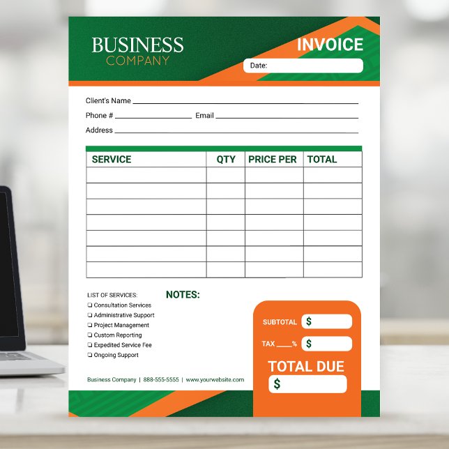 Bloc-note Formulaire de facture vert professionnel avec rayu (Créateur téléchargé)