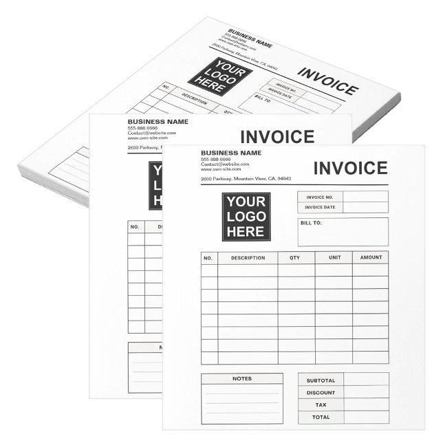 Bloc-note Formulaires de commande de facture personnalisés e (custom logo Business Invoice Template black and white)