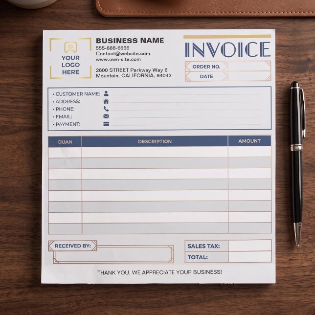 Bloc-note Formulaires de facture de vente minimaux pour les  (custom logo invoice notepad, minimalist small business receipt, modern bakery invoice form)