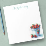 Bloc-note Fraises d'aquarelle Papeterie personnalisée<br><div class="desc">Jolie et charmante,  cette papeterie personnalisée présente votre nom de famille ou monogramme en typographie de script lettré bleu vert avec une pinte d'étain peinte à l'aquarelle de fraises. Parfait pour vos notes de printemps et d'été avec un thème de ferme. Pour en savoir plus,  visitez le site www.zazzle.com/dotellabelle</div>