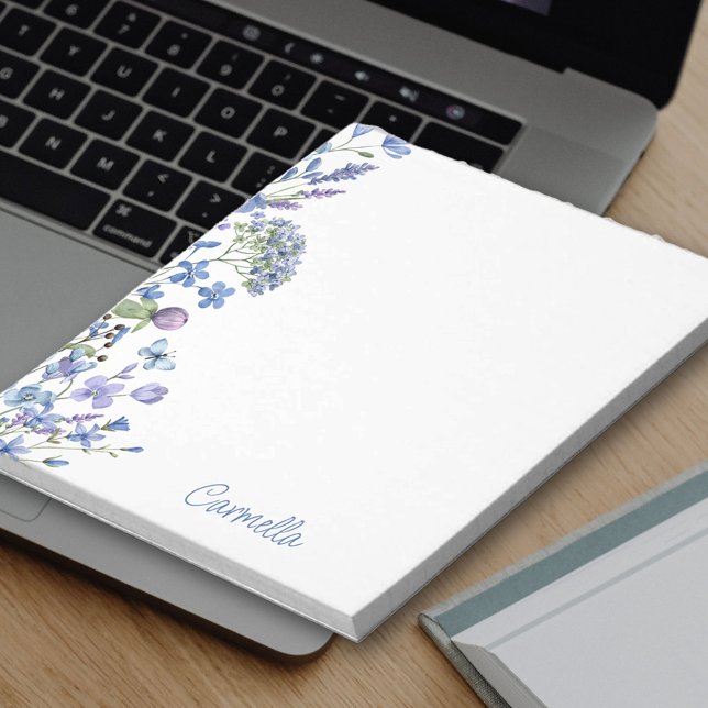 Bloc-note Frontière florale Fleurs sauvages personnalisés (Personalized notepad with margin border of periwinkle and pale purple wildflowers)