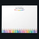 Bloc-note Fun Colored Pencils Note From School Teacher<br><div class="desc">Larger A note from School Teacher notepad personalized with the teacher's name above colorful bunting banners and a row of colored pencils, some with patterns, in soft rainbow colors. The large notepad has a big blank area on which you can write down your notes or messages. Kindergarten teacher notepad with...</div>