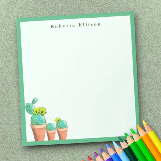 Bloc-note Fun Southwestern Poted Cactus Flowers Custom (green border personalized notepad)