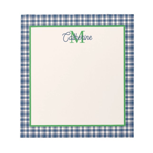 Bloc-note Gingham à carreaux bleu et vert Tartan Monogramme (Devant)