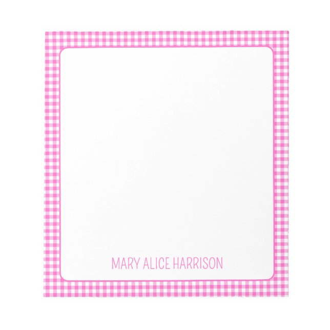 Bloc-note Gingham à carreaux rose et blanc personnalisé (Devant)