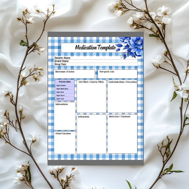 Bloc-note Gingham Floral Bleu  _ Modèle de Médicament (Créateur téléchargé)