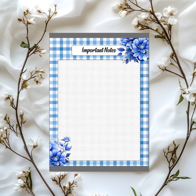 Bloc-note Gingham Floral Bleu _ Notes Importantes (Créateur téléchargé)
