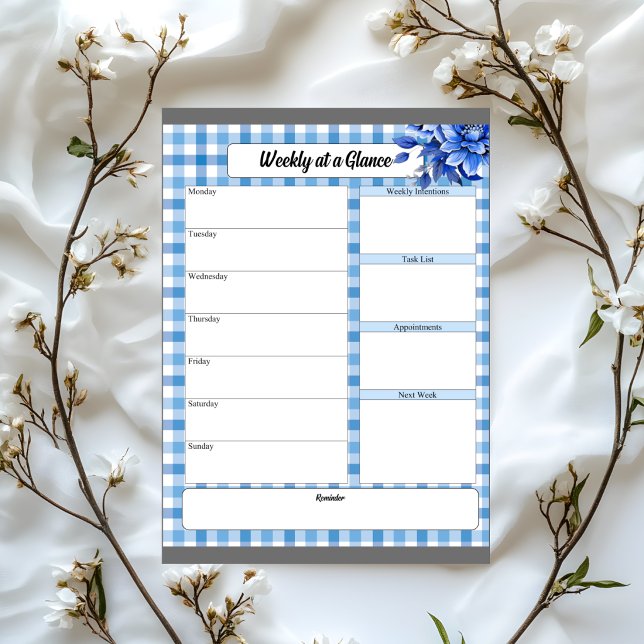 Bloc-note Gingham Floral Bleu_ Semaine en un coup d'œil (Créateur téléchargé)