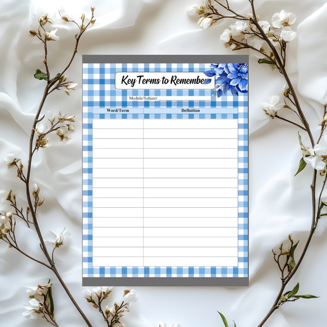 Bloc-note Gingham Floral Bleu _ Termes clés à retenir (Créateur téléchargé)