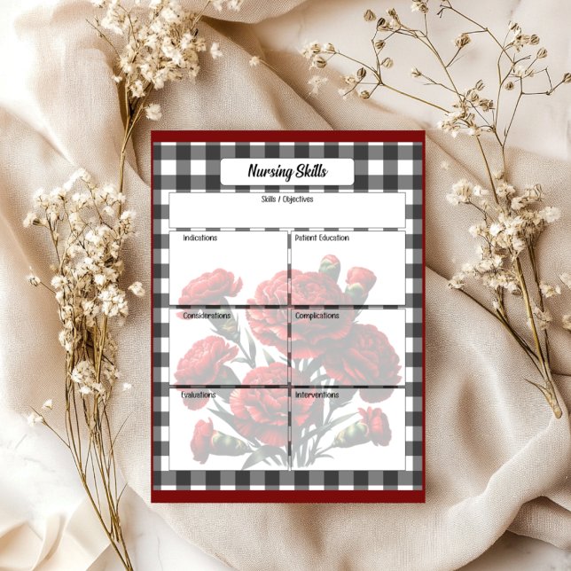Bloc-note Gingham floral noir et blanc_ Compétences infirmiè (Créateur téléchargé)