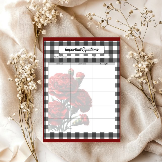 Bloc-note Gingham floral noir et blanc _ Équations important (Créateur téléchargé)