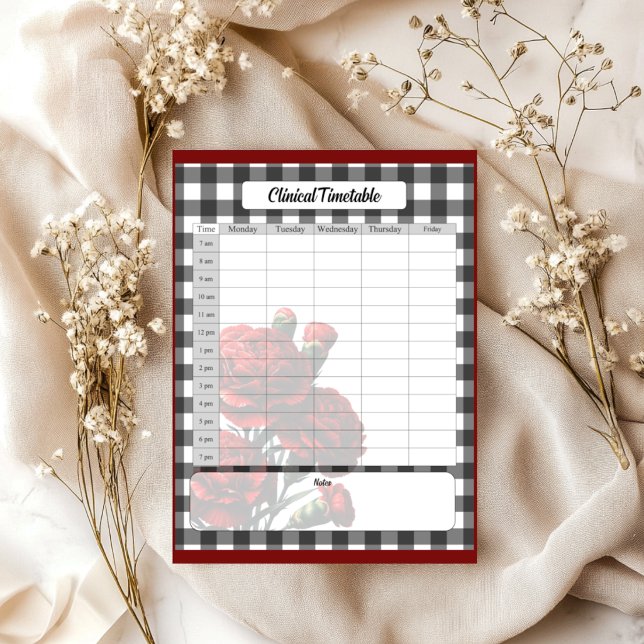Bloc-note Gingham floral noir et blanc _ Horaire clinique (Créateur téléchargé)
