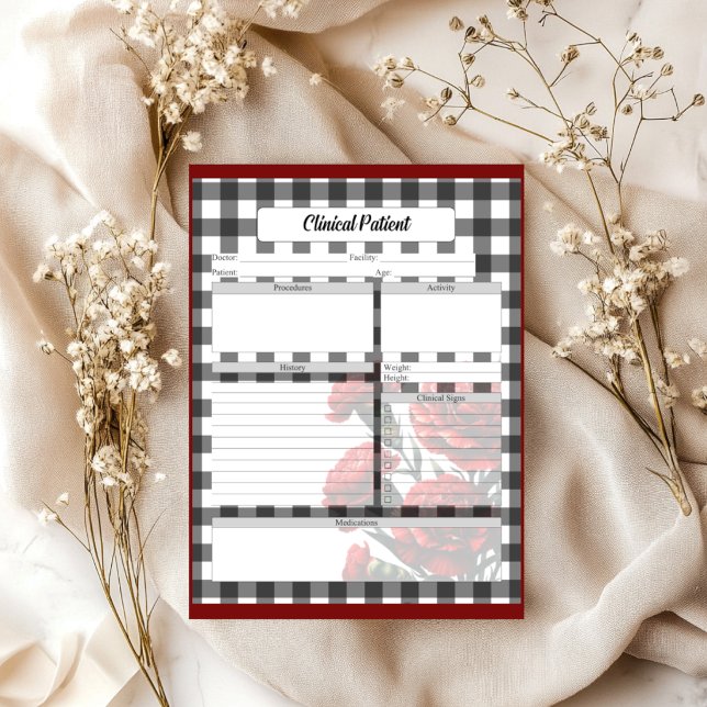 Bloc-note Gingham floral noir et blanc _ Patient clinique (Créateur téléchargé)