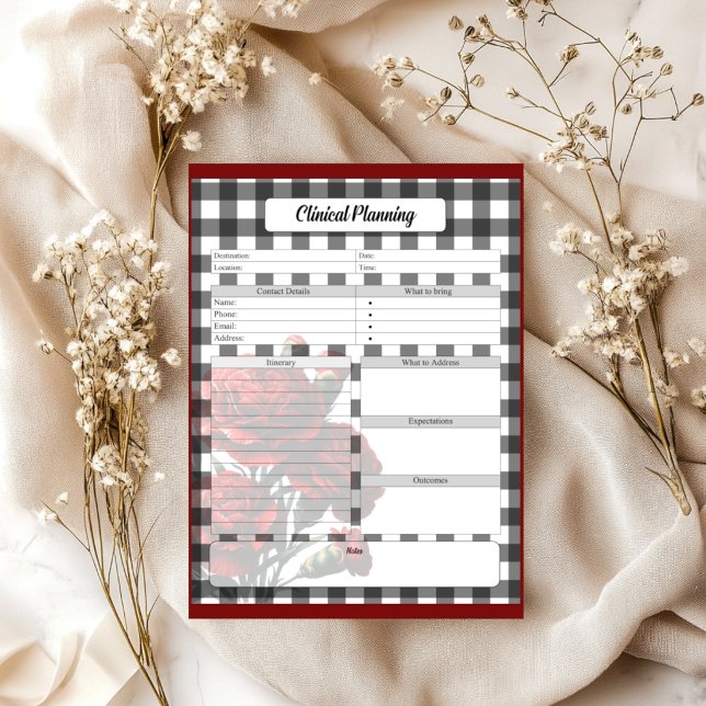 Bloc-note Gingham floral noir et blanc _ Planification clini (Créateur téléchargé)