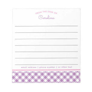 Bloc-note Girly Lavande Violet Et Rose Gingham Script