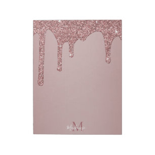 Bloc-note Girly Rose Gold Sparkle Glitter Drips monogram