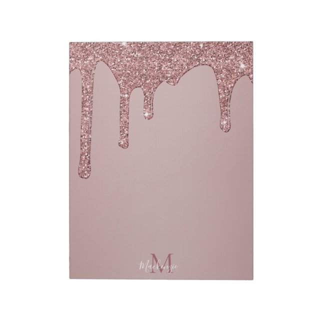 Bloc-note Girly Rose Gold Sparkle Glitter Drips monogram (Tourné)