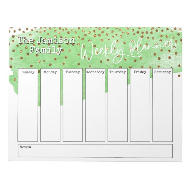 Bloc-note Green Brushstroke Gold Confetti Planificateur hebd (Devant)