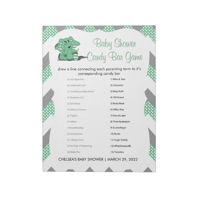 Bloc-note Green et Grey Chevron Elephant Baby shower Jeu 2 (Tourné)