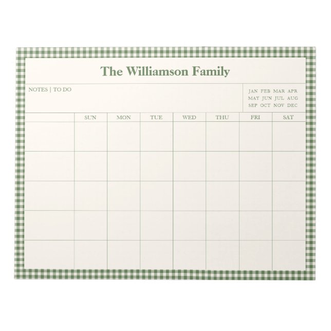 Bloc-note Green Gingham Plaid Month Family Planner Calendar  (Devant)