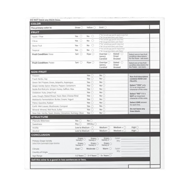 Bloc-note Grille de dégustation déductrice sommelier Vin bla (Devant)