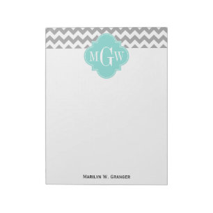 Bloc-note Gris Blanc Chevron Aqua Quatrefeuille 3 Monogramme