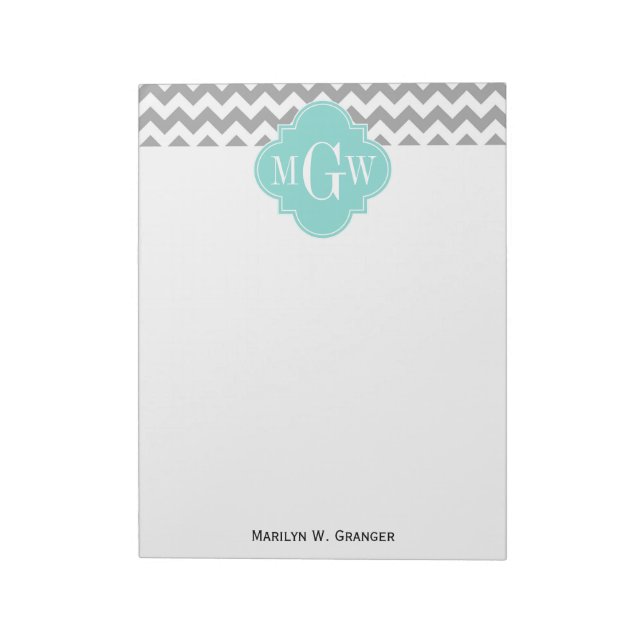 Bloc-note Gris Blanc Chevron Aqua Quatrefeuille 3 Monogramme (Tourné)