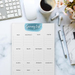 Bloc-note Grosse liste d'épicerie sans lacets Turquoise Aqua<br><div class="desc">Turquoise Blue aquarelle titre du script de brosse avec disposition simple et facile à lire des catégories de supermarchés. Complet incluant les aliments congelés,  préparés,  en vrac... et même des catégories corporelles et florales pour ceux qui achètent régulièrement des fleurs comme moi.</div>
