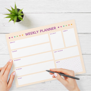 Bloc-note Hebdomadaire Planner Coeurs colorés Texte violet