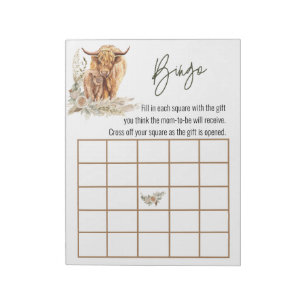 Bloc-note Highland Cow Baby shower Bingo Jeu Boho