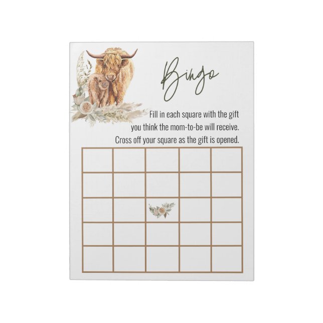 Bloc-note Highland Cow Baby shower Bingo Jeu Boho (Tourné)