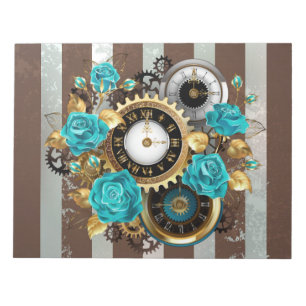 Bloc-note Horloge Steampunk et roses turquoise sur fond rayé