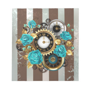 Bloc-note Horloge Steampunk et roses turquoise sur fond rayé