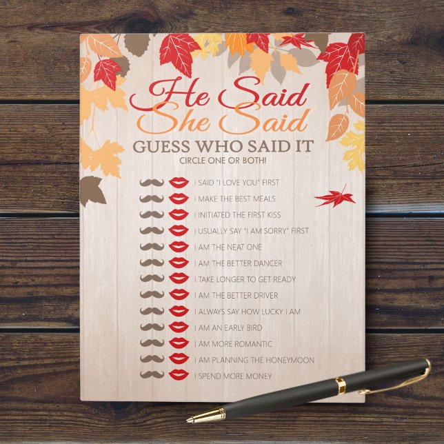 Bloc-note Il A Dit Qu'Elle A Dit Automne Fête des mariées Ga (Who Knows the Couple Best Bridal Shower Party Game. Comes in a pack of 40 easy tear away games!)