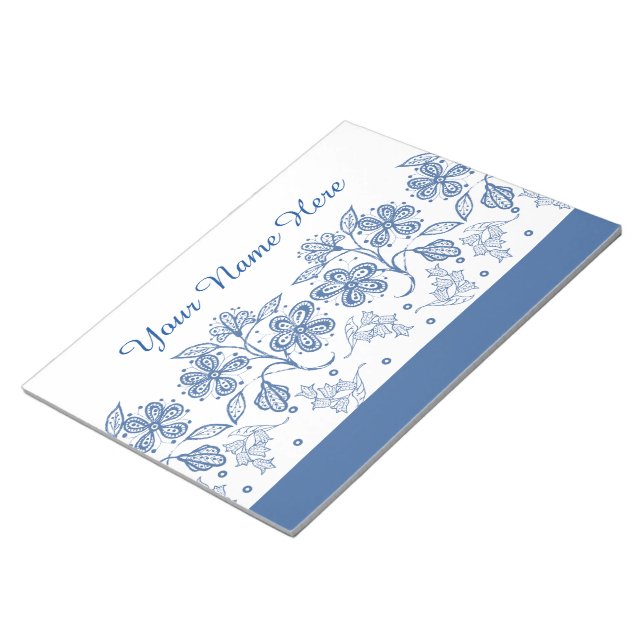 Bloc-note Indigo bleu personnalisé sur la bordure florale bl (Incliné)