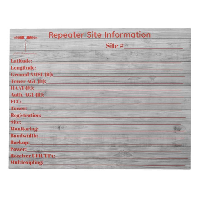 Bloc-note Informations sur le site de répéteur (Devant)