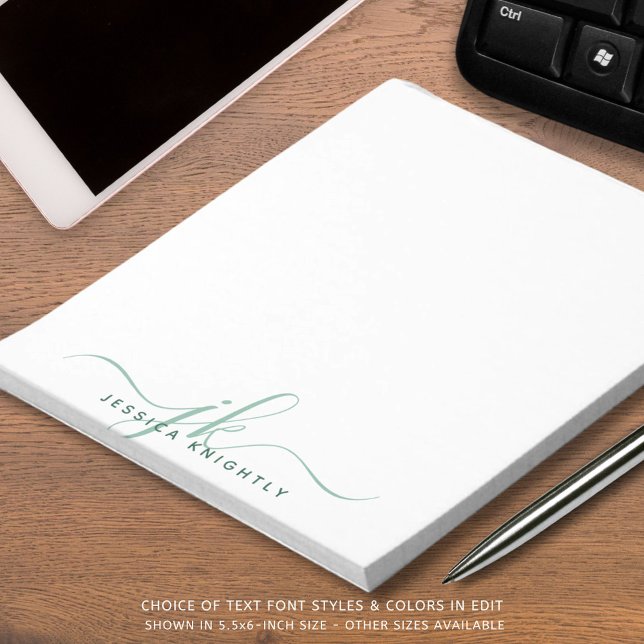Bloc-note Initiales Monogramme de script moderne Vert minima (Créateur téléchargé)