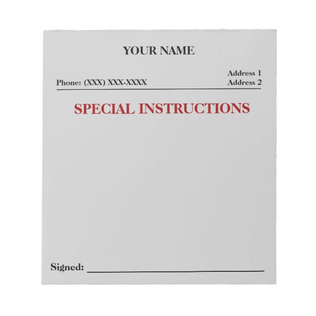 Bloc-note Instructions spéciales Slip Note Pad (Gris) (Devant)